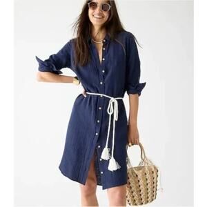J. Crew Classic Fit Soft Gauze Shirt Dress Navy Blue Button Front Size 00